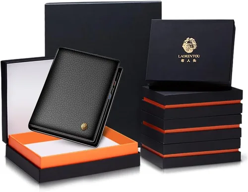 Vista 6 de LAORENTOU Carteras de cuero genuino para hombres, caja de regalo, carteras delgadas para hombre, tarjetas de crédito, monederos casuales