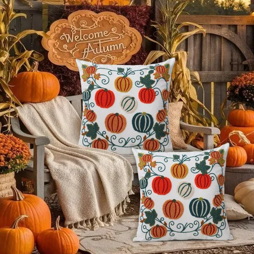 Vista 22 de Pack of 2 Embroidered Decorative Throw Pillow Cover 18x18 Inch Farmhouse Floral Pillowcase for Living Room Sofa Bed (Big Pumpkin)