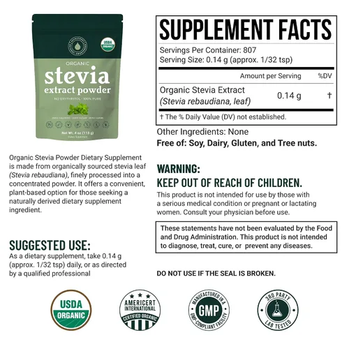 Vista 2 de Polvo de stevia orgánico, edulcorante de stevia 100% puro, 4 onzas, alternativa de azúcar de bajo índice glucémico, edulcorante en polvo