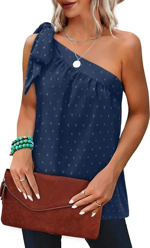 Vista 3 de XIEERDUO Camisetas de gasa de verano con un hombro para mujer, con lazo, sin mangas, ajuste holgado