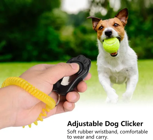 Vista 2 de Yosoo Clicker Entrenamiento para perros, ajustable de 3 engranajes para entrenamiento de perros con forma de clicker con correa de muñeca para gatos
