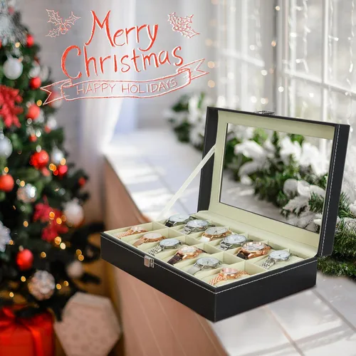 Vista 2 de Caja de reloj de piel; organizador de joyería con visualización y 12 ranuras Ohuhu