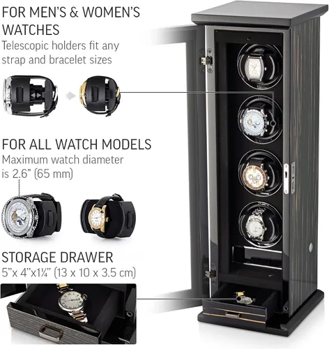 Vista 3 de Classic-4 - Soporte para 4 relojes automáticos con retroiluminación LED, pantalla táctil LCD y compartimento de almacenamiento