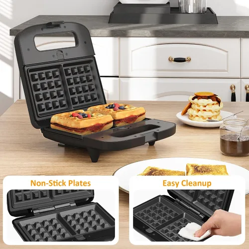 Vista 4 de Máquina 3 en 1 para Gofres, Parrilla y Sándwiches, Sandwichera Prensa Panini Plancha de Gofres con Placas Antiadherentes Extraíbles y Luces