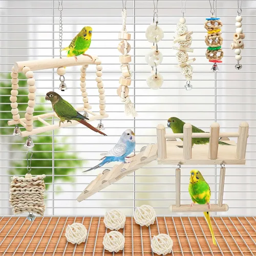 Vista 4 de Hamiledyi 13 piezas de juguetes para loros con columpio, mordedores, perchas para pájaros, plataforma con escalera de escalada y accesorios