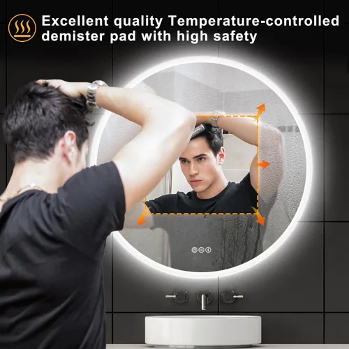 Vista 7 de S·BAGNO - Espejo de baño redondo de 32 luces con marco acrílico, espejo de baño LED de tocador montado en la pared, atenuación, cambio