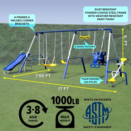 Vista 8 de Sportspower Super 9 Juego de columpios metálicos para juego al aire libre en el patio trasero: Teeter Totter, Glide Ride, Roman Glider, columpio