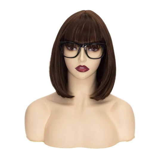 Vista 2 de FALAMKA Peluca corta marrón para mujer, peluca de cosplay estilo Bob, disfraz de Halloween con cristal negro