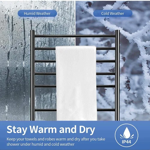Vista 3 de Exquisitos estantes de baño, calentador de toallas con temporizador para baño, barra de toalla térmica negra mate, soporte de pared, estante
