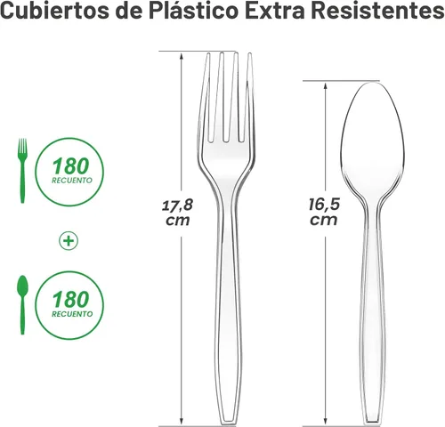 Vista 2 de Dealusy 360 Unidades Tenedores y Cucharas de Plástico Transparente Extra Resistentes, 180 Tenedores y 180 Cucharas, Resistentes al Calor, Juego
