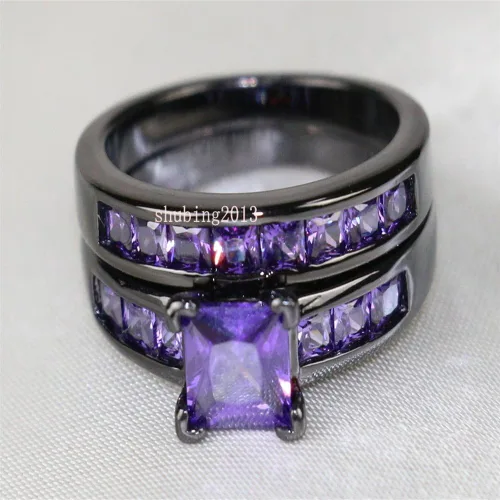 Vista 7 de LOVERSRING Juego de anillos de novia para mujer, chapado en oro negro con circonita cúbica para hombre, carburo de tungsteno, anillo de boda