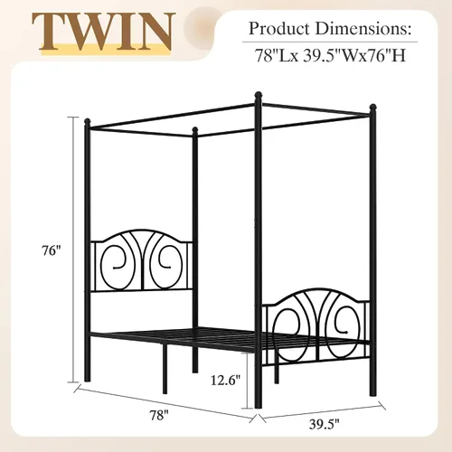Vista 2 de VECELO - Marco de cama con dosel doble, cabecera vintage con voluta, color negro mate Twin canopy bed frame, Scrollwork metal headboard, Sturdy