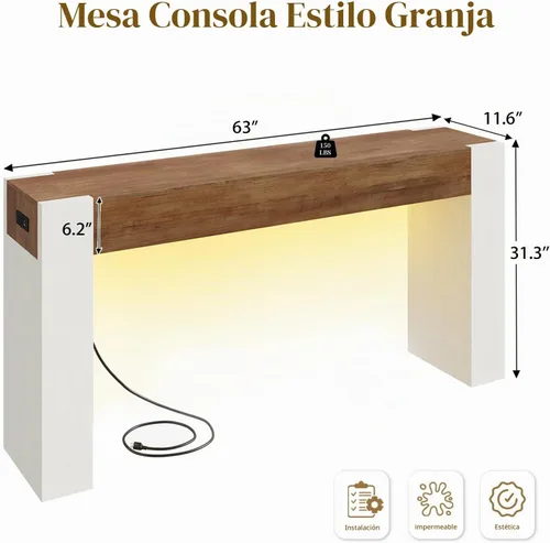 Vista 2 de Mesa de sofá consola de granja de 63 pulgadas con tomas de corriente y marrón y blanco