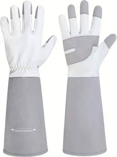 Vista 13 de HANDLANDY Guantes de poda largos para hombres y mujeres, de piel de cerdo, guantes de jardinería de rosas, guantes transpirables y duraderos