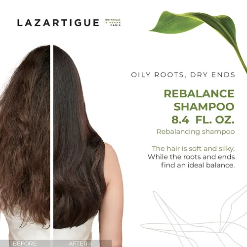 Vista 2 de Lazartigue Rebalance Champú, vinagre de arroz y espirulina, purifica las raíces grasas y equilibra la humedad, vegano, sin sulfatos y silicona, 8.4