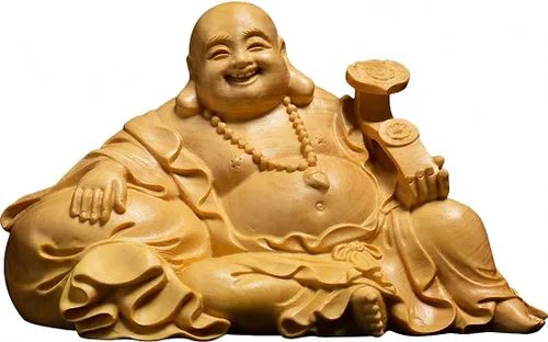 Vista 11 de Estatua de Buda Maitreya Maitreya tallada a mano de boj natural (ventilador de bolsa de tela)