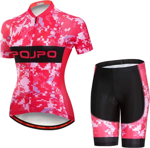 Vista 120 de Camiseta de ciclismo para mujer, manga corta y pantalones cortos de ciclismo acolchados para verano