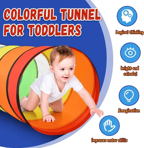 Vista 2 de Moncoland Tienda de campaña de túnel de juego para niños pequeños, paquete de 2 coloridos juguetes de túnel de gateo desplegable para bebés