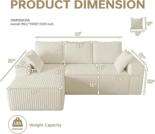 Vista 2 de Cloud - Sofá modular en forma de L con asiento profundo, de espuma viscoelástica comprimida de 3 plazas para sala de estar, sofá modular