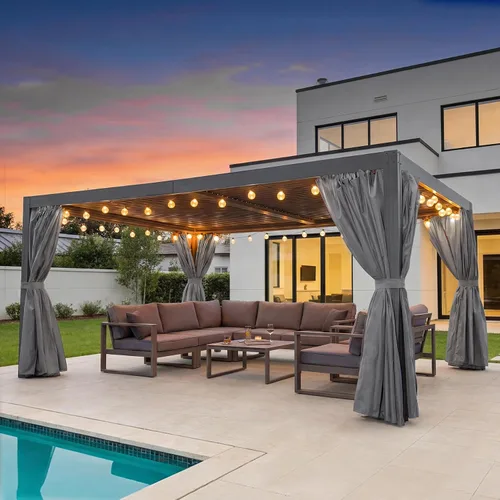 Vista 15 de Domi - Pérgola de aluminio para exteriores de 10 x 10 pulgadas con cortinas y malla Marrón oscuro