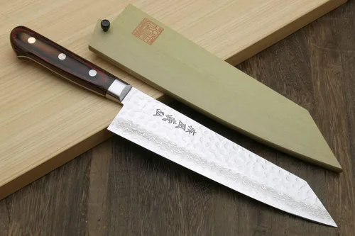 Vista 8 de Yoshihiro VG-10 Cuchillo de chef japonés multiusos de punta de espada de Damasco martillado Kiritsuke de 8.25 pulgadas, mango de caoba