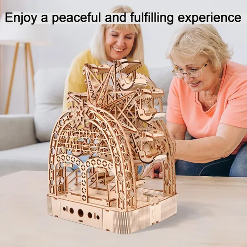 Vista 5 de Rompecabezas de madera 3D con ruedas mecánicas de la fortuna modelo de caja de música, rompecabezas de bricolaje, rompecabezas 3D para adultos