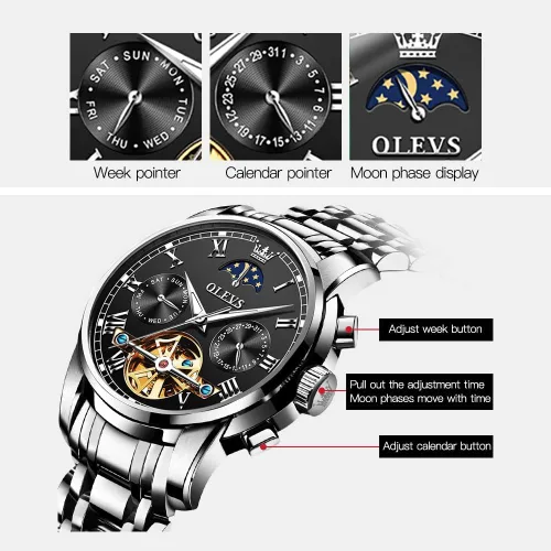 Vista 6 de Verhux Reloj automático para hombre, reloj de pulsera mecánico, impermeable, regalo para hombre