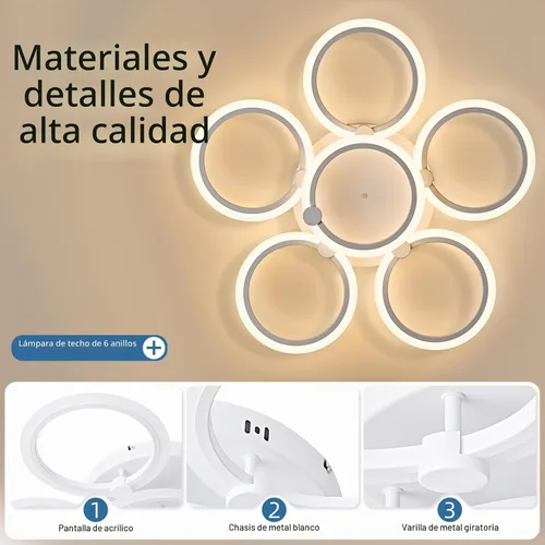 Vista 3 de Lámpara de techo LED, lámpara de techo moderna de 6 anillos, 77 W regulable 3000K a 6500K, luz de techo blanca con control remoto para sala