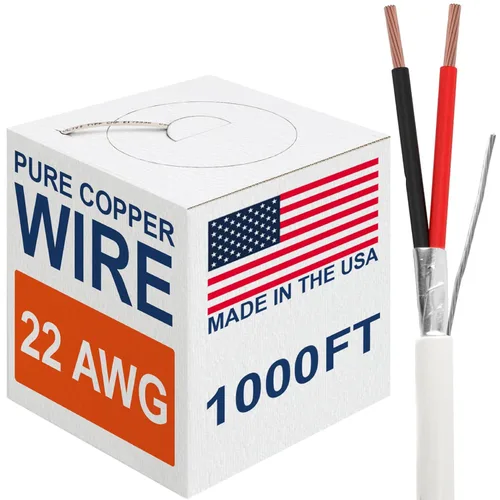 Vista 44 de Cable CMP Plenum blindado trenzado de conexión de cable, cable de bajo voltaje CL3P listado por UL, 22 AWG 2 conductores, carrete de 500 pies, blanco