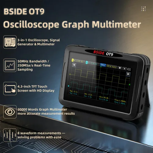 Vista 3 de BSIDE 3 en 1 osciloscopio para tableta multímetro generador de señal DDS, 2 canales 50Mhz Osciloscopio de ancho de banda multímetro con 20000
