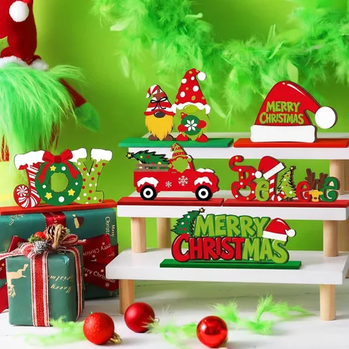 Vista 6 de Realspring 6 piezas de decoración de mesa de Navidad, centros de mesa de madera de Merry Christmas, decoración de mesa Joy Wood, gnomos de jengibre