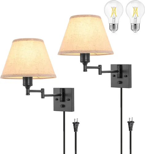 Vista 14 de TRLIFE Aplique de pared enchufable, juego de 2 lámparas de pared regulables con brazo oscilante de níquel cepillado, cable de enchufe y interruptor