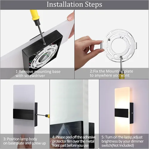 Vista 8 de Lightess Aplique de pared moderno regulable. Aplique de pared de 12W en negro, lámpara de pared interior de acrílico para dormitorio, sala de estar