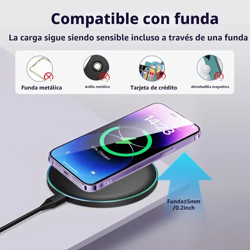 Vista 3 de Cargador inalámbrico compatible con iPhone 16 15 14 13 12 11 Pro Max/Mini/Plus/XR/X/8, alfombrilla de carga rápida inalámbrica de 15 W máx