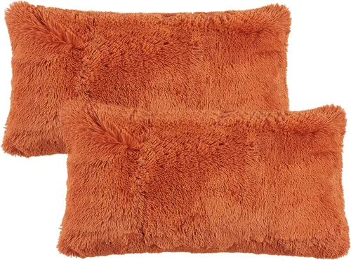 Vista 2 de Home Soft Things Fundas de almohada lanuda 2 piezas, naranja quemado, 14 x 26 pulgadas, cálida y acogedora funda de almohada decorativa de felpa