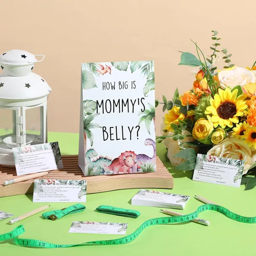 Vista 109 de Sabary 64 Piezas Juegos de Baby Shower Incluyen Letrero How Big is Mommy's Belly Sign Measure Bump Game 50 Tarjetas 10 Lápices 3 Cintas Métricas