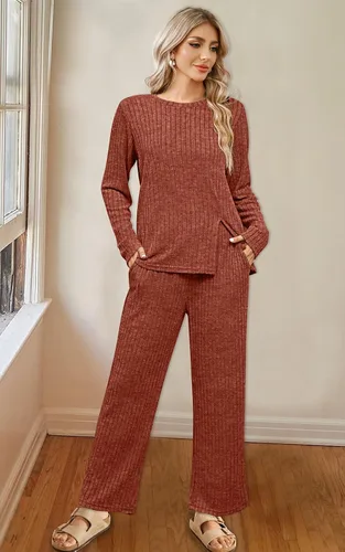 Vista 2 de WIHOLL Conjuntos de dos piezas para mujer, conjunto de descanso acogedor suéter con bolsillos