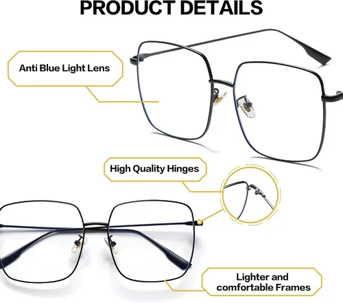 Vista 2 de Oversized Square Reader Glasses for Women/Men, Blue Light Blocking Glasses, Large Metal Frame Readers with UV400 Protection