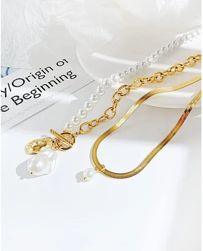 Vista 3 de Aleasha Gargantilla de cadena de serpiente dorada con collar de perlas barrocas para mujer, joyería de acero inoxidable, regalos, Acero inoxidable