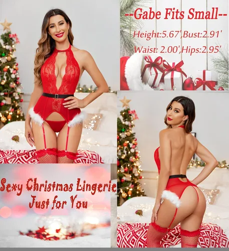 Vista 2 de Avidlove Lencería sexy de Navidad para mujer, body de encaje, con liguero