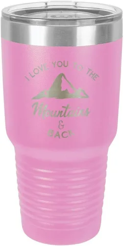 Vista 21 de Vaso negro de 30 onzas con popote y tapa superior deslizante con texto en inglés "I love you to the mountains and back", color negro