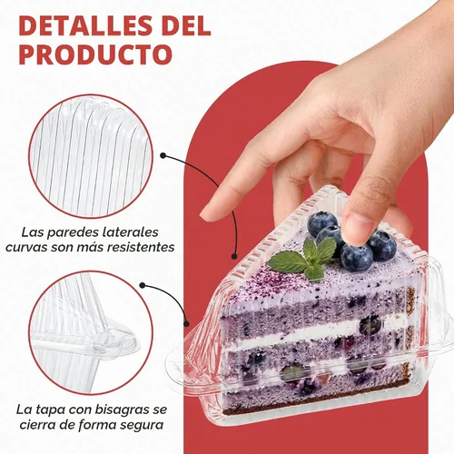 Vista 4 de 25 recipientes para rebanadas de pastel con tapas Recipientes de plástico desechables medianos con bisagras Recipiente transparente para tarta