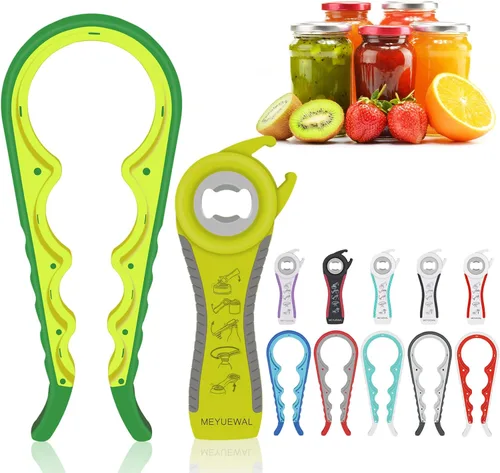 Vista 10 de MEYUEWAL Abrelatas 5 en 1 multifuncional con mango de silicona para botellas, frascos y latas, fácil de usar para niños, ancianos y enfermos de Azul