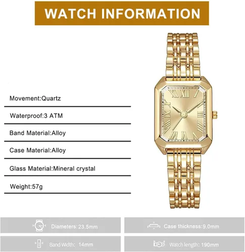 Vista 3 de Relojes para mujer, caja rectangular vintage, banda de acero inoxidable, reloj de pulsera para mujer, números romanos simples, resistente al agua