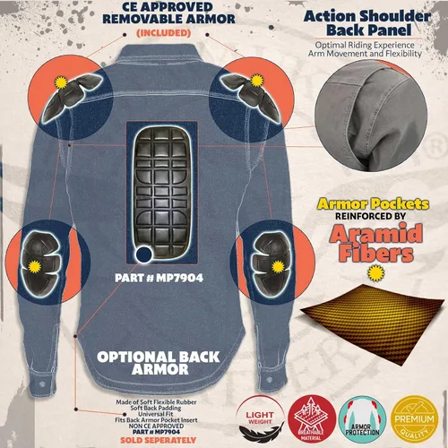 Vista 6 de Milwaukee Leather MPM1630 Camisa de motociclista de franela a cuadros para hombre con armadura CE - Reforzada con fibras de aramida
