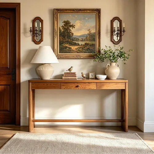 Vista 11 de JIVOIT Mesa consola rústica y elegante, mesa de consola rectangular de madera con cajones de almacenamiento y estante inferior para entrada Blanco