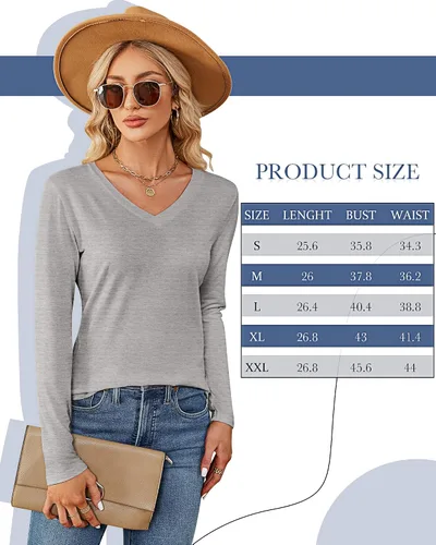 Vista 7 de Ficerd Paquete de 2 camisetas de manga larga para mujer, cuello en V, casuales, ajustadas, básicas, de color sólido, dobladillo curvado
