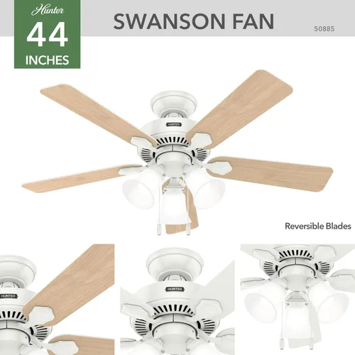 Vista 4 de Hunter Swanson 50885 - Ventilador de techo interior de 44 pulgadas con luces LED, ventilador de techo blanco con cadena de tracción