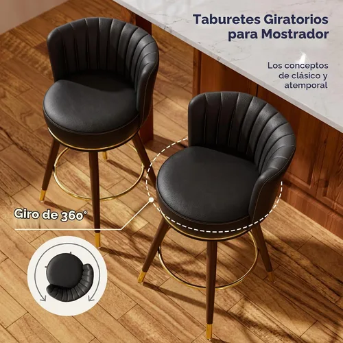 Vista 5 de SeekFancy - Juego de 2 taburetes de bar giratorios de cuero negro de 24 pulgadas Upholstered pleated backs, wood legs, gold footrests, 300lbs