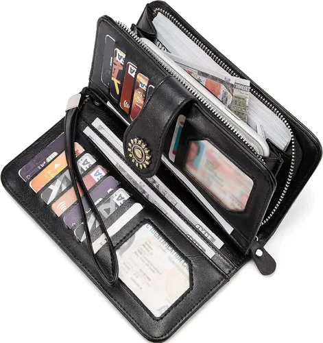 Vista 3 de BROMEN Billeteras de cuero para mujer cartera grande de mano para teléfono 2-negro Vintage